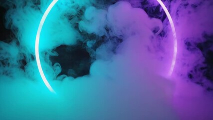 Wall Mural - neon circle is illuminating vibrant purple and turquoise smoke creating a mesmerizing abstract scene