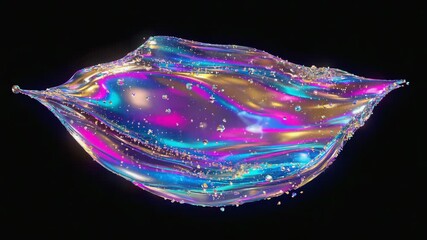 Wall Mural - holographic liquid is splashing and forming dynamic waves with small droplets on a black background,