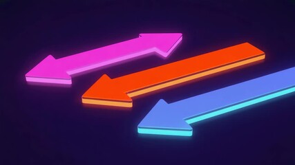 Wall Mural - three glowing neon arrows in vibrant pink, orange, and blue point leftward against a dark background