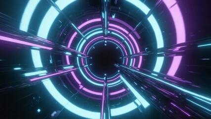 Wall Mural - glowing neon circles and vertical lines create a futuristic tunnel, evoking a sense of speed and tec