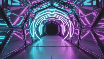 Wall Mural - futuristic tunnel with glowing neon lights in vibrant teal and purple hues leading to a dark and mys