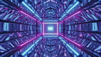Wall Mural - vibrant neon lights illuminate a futuristic metallic corridor with reflective surfaces, creating a m