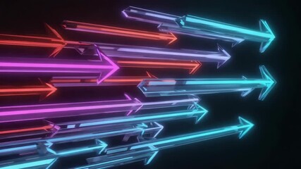 Wall Mural - multiple glowing neon arrows are moving forward on a dark background, creating a futuristic and dyna