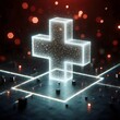 © Mark Lancer - Glowing digital medical plus sign with a plexus network on a futuristic grid.