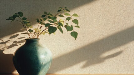 Wall Mural - Elegant Green Ceramic Vase with Lush Plant and Sunlight Casting Shadows on Neutral Wall