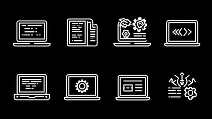 Eight white outline icons depict laptops and code on a black background, minimal design
