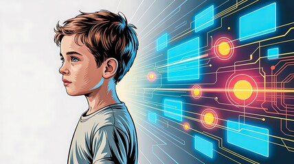 Futuristic artificial intelligence concept with young boy and digital technology background
