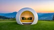 © See - Modern round outdoor pod with sofa and pillows in scenic mountain landscape