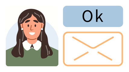 Poster - Portrait of smiling woman beside a message envelope and Ok confirmation. Ideal for communication, email services, feedback, customer support, messaging apps, business interaction, simple flat