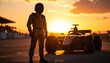 © Syafiq Rahman - Silhouetted racing driver stands beside his Formula 1 car at sunset, a dramatic scene of motorsport.