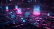 © Hilmihib - Futuristic neon glowing database servers on a high-tech circuit board. A concept for big data, cloud computing, and information technology.