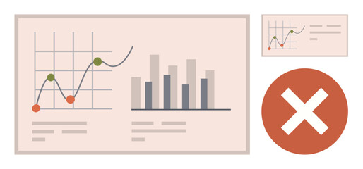 Poster - Line graph with indicators, bar chart, and large red error icon representing data error, analysis, and monitoring. Ideal for data presentation, reports, problem-solving, analytics research