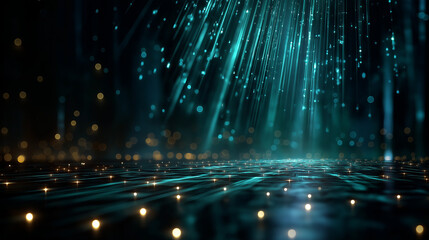 Wall Mural - abstract lights: radiant beams of cyan light cascade downwards, illuminating a shimmering surface. t