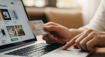 Online shopping with credit card on laptop displaying product page and add to cart button visible