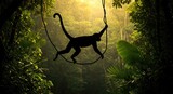 Silhouette monkey swinging on vine through lush jungle canopy bathed in golden morning sunlight, evoking adventure and nature's wild beauty.