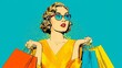 © traitip - Bright Retro Comic Pop Art Woman Shopping - Vintage Style Illustration with Colorful Bags in Hand