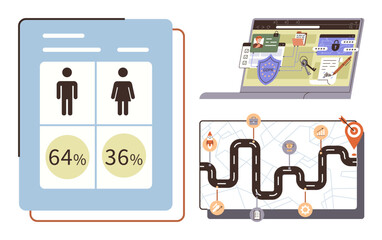 Poster - Gender ratio data sheet, laptop with cybersecurity elements, and roadmap navigation over city map. Ideal for data analysis, planning, cybersecurity, decision-making, demographics, navigation