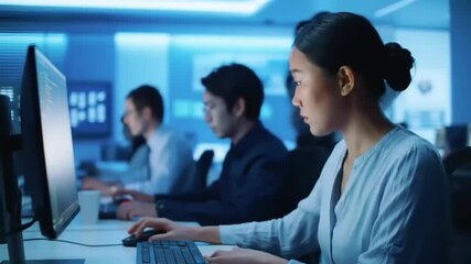 Focused female programmer coding in a modern office with colleagues collaborating in the background