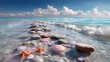 © Putu - Seashells and rocks on a beach with ocean waves and a cloudy sky.