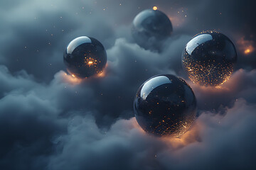 Wall Mural - Black spheres reflecting light in foggy environment, conveying mystery, depth, and futuristic aesthetics, generative A