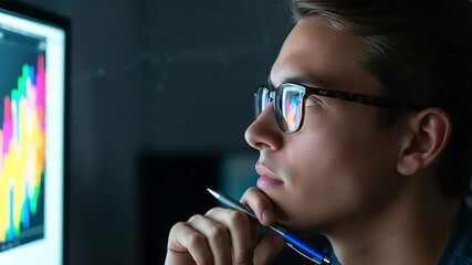 Vector art of young man with glasses working on computer in dark office late at night focused on the screen