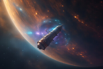 Wall Mural - A futuristic spacecraft traveling through a galaxy filled with colorful lights and nebulas, generative Ai