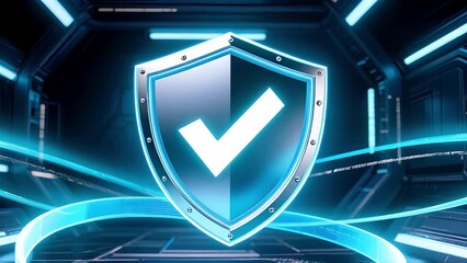 Poster - Futuristic Digital Shield with Check Mark Symbol Ensuring Cybersecurity, Protection, and Safety Advanced Technology Environments for Enhanced Digital