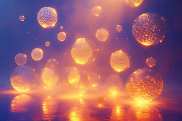 Wall Mural - Golden spheres floating in violet and orange skies, transmitting magical energy and the sensation of cosmic celebration, generative Ai