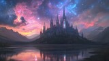 A majestic castle illuminated under a starry sky, surrounded by mountains and a serene lake, creating a magical and enchanting landscape.