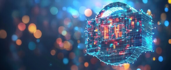 Creative polygonal round banking hologram on blurry background. Digital transformation and finance concept. 3D Rendering