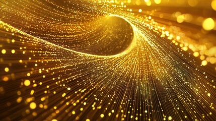 Tunnel gold color digital particles dots and line twist abstract background for new year or important events, 3d rendering