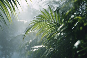 Tropical palm leaves in misty jungle; background blur, sunlight.  Website banner