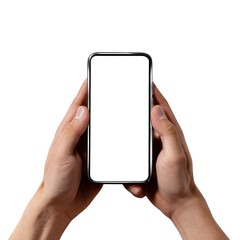 A person is holding a cell phone with a white background