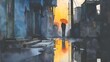 © HRTNT Media - Silhouetted Person in City Alley with Orange Umbrella, Generative AI
