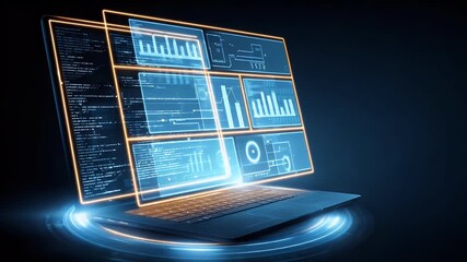 Wall Mural - a digital illustration of an open laptop with code and data visualizations floating above, set again