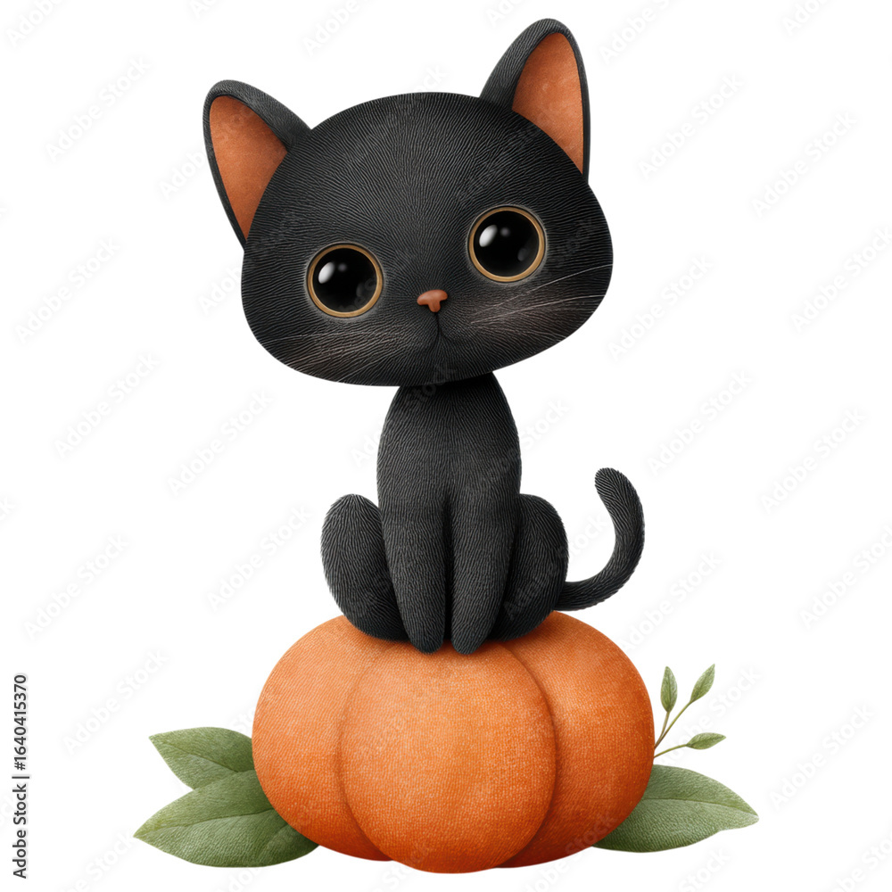 Cute black cat with big eyes sitting on orange pumpkin with green ...