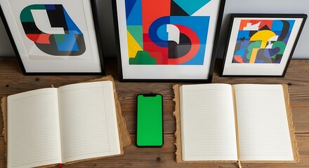 Modern creative workspace with a green screen phone mockup and open notebooks for planning.