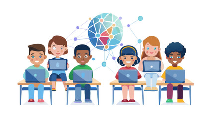 Kids learning online coding education with laptops in classroom for future technology skills development