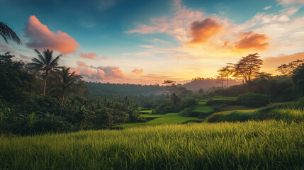 Wall Mural - green field and blue sky. field and clouds