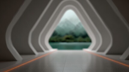 Futuristic architectural corridor with glowing orange line leading to misty mountains and calm lake