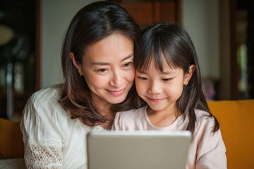 Asian mom and daughter with tablet