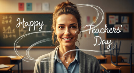 Smiling teacher in classroom for Teacher's Day.
