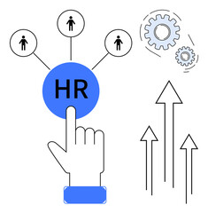 Poster - Hand pointing to HR button, network of people, gears symbolizing process, and arrows for growth. Ideal for recruitment, human resources, workforce, process productivity management teamwork. Simple
