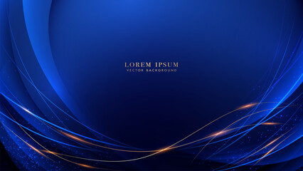 Wall Mural - Elegant abstract blue background with golden curves, flowing waves, glitter, and light trails effect