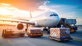 Air freight being loaded onto a large passenger plane at sunset