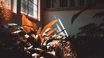 Wall Mural - sunlight streams through windows, illuminating lush indoor plants.