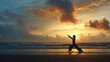 © Ariestia - Silhouette of person practicing qigong at sunrise on the beach.