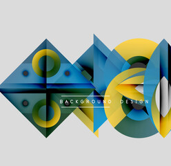 Poster - Abstract geometric shapes overlap, creating dynamic visual effect. Blue, yellow, green hues dominate composition. Modern design element.