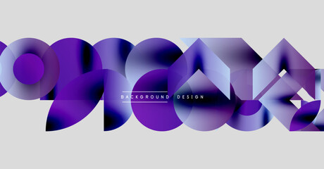 Poster - Abstract purple design features overlapping circles, hexagons, gradients. Modern background with text element, simple composition.