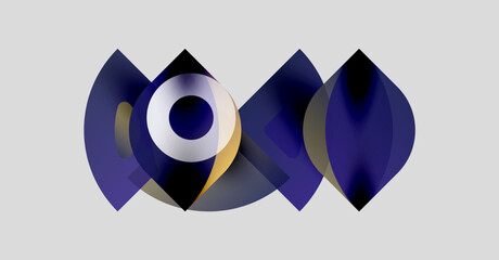 Poster - Abstract shapes overlap, creating dynamic composition. Dark blues, gold tones dominate neutral background. Modern design elements present.